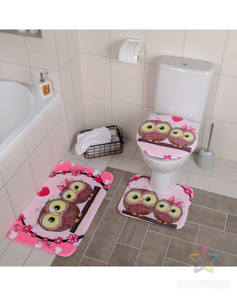 Набор ковриков для ванны и туалета «Совушки на ветке», 3 шт: 38×45, 40×43, 43×73 см, цвет розовый арт. СМЛ-30207-1-СМЛ3172674