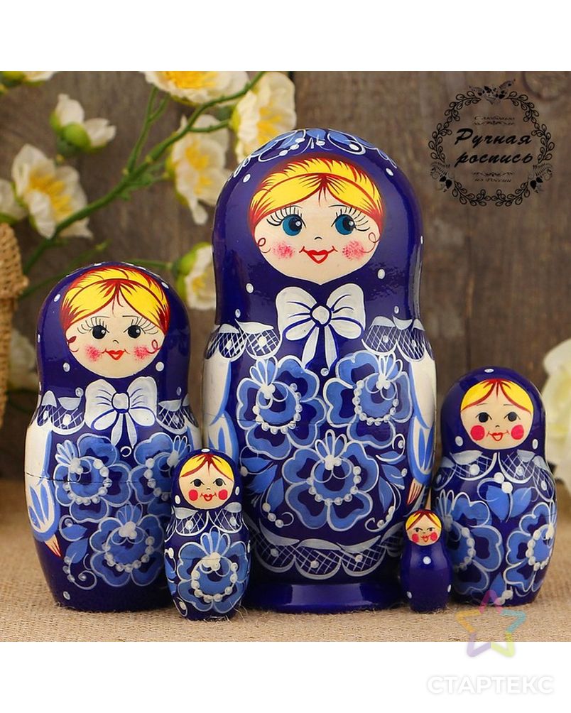 Матрёшка «Гжель», синий платок, 5 кукольная, 17 см арт. СМЛ-53000-1-СМЛ0003188979 1