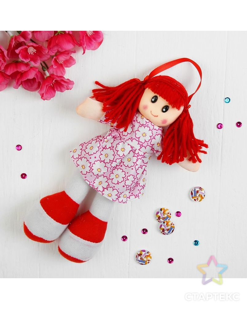 Мягкая игрушка «Кукла», в ситцевом платье, с хвостиками, цвета МИКС арт. СМЛ-48820-1-СМЛ0000324818 2