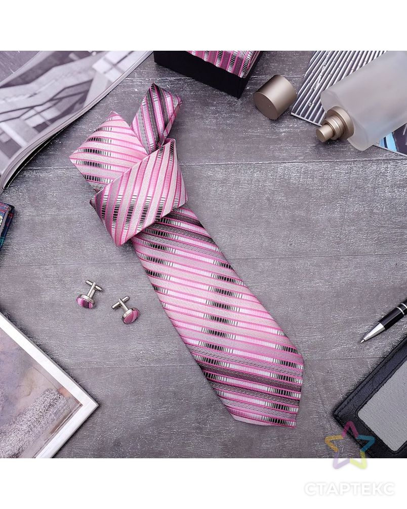 Набор мужской "Стиль" галстук 145*5см самовяз, запонки, полосы узкие, цвет розово-серый арт. СМЛ-8629-1-СМЛ3283499