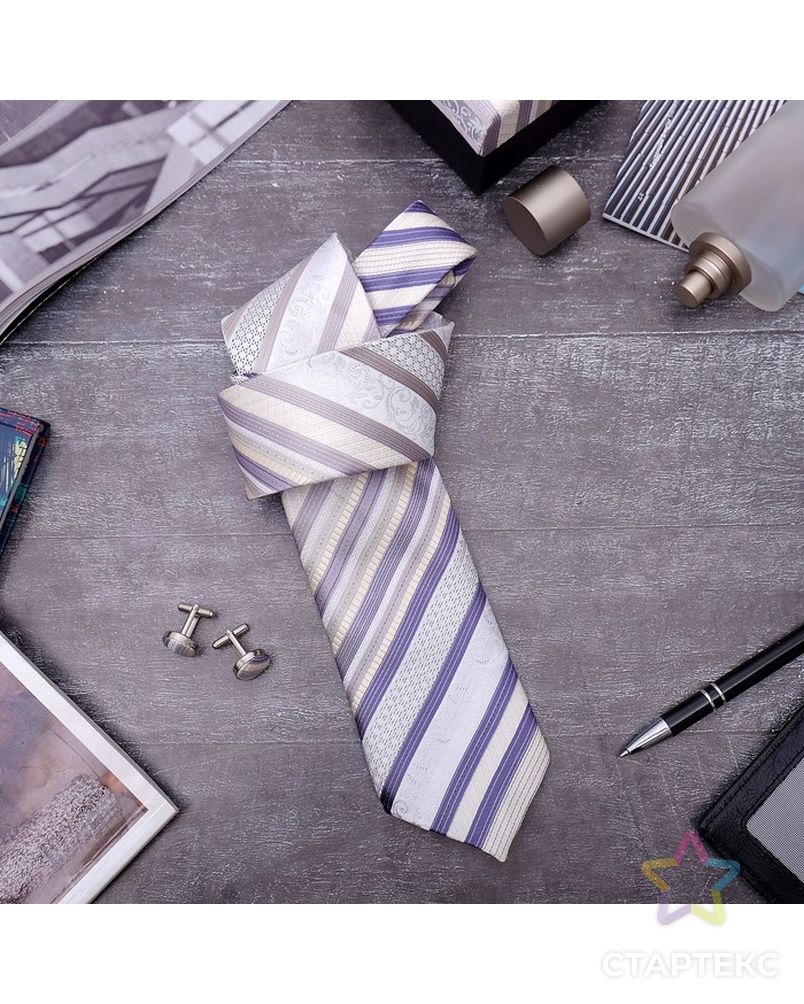 Набор мужской "Стиль" галстук 145*5см самовяз, запонки, полоски, цвет бежево-серый арт. СМЛ-8630-1-СМЛ3283500
