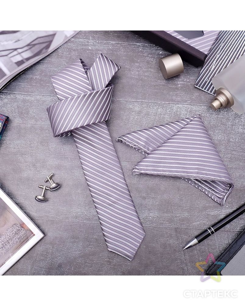 Набор мужской "Элит" галстук 145*5см самовяз, платок, запонки, полосы тонкие, цвет серый арт. СМЛ-8631-1-СМЛ3283513 1