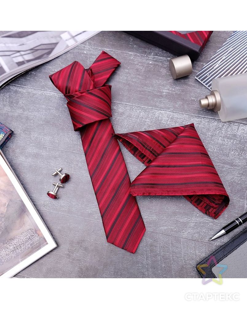 Набор мужской "Элит" галстук 145*5см самовяз, платок, запонки, полоски, цвет сине-серебристый арт. СМЛ-21501-2-СМЛ3283514