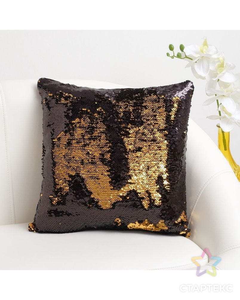 Наволочка декоративная Хамелеон 37×37 см, цвет золото - глянцевый чёрный, пайетки, 100%п/э арт. СМЛ-8653-1-СМЛ3285019 1