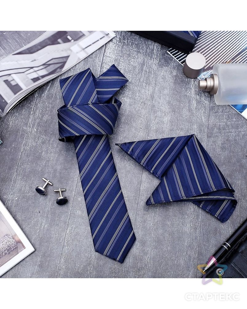 Набор мужской "Элит" галстук 145*5см самовяз, платок, запонки, полоски, цвет сине-серебристый арт. СМЛ-21501-1-СМЛ3298312 1