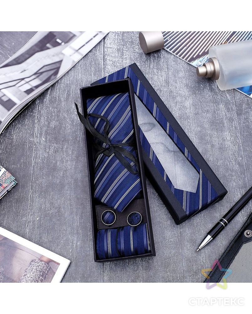 Набор мужской "Элит" галстук 145*5см самовяз, платок, запонки, полоски, цвет сине-серебристый арт. СМЛ-21501-1-СМЛ3298312