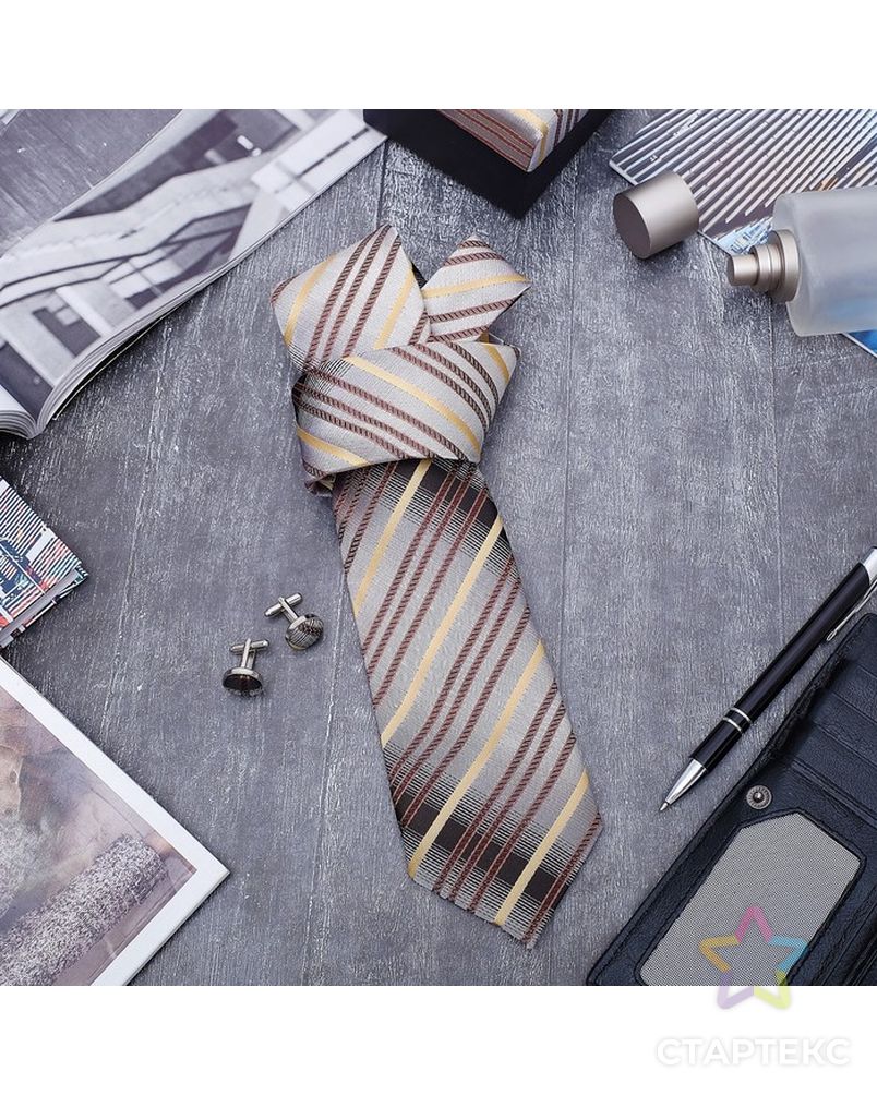 Набор мужской "Стиль" галстук 145*5см самовяз, запонки, полоски, цвет серо-коричневый арт. СМЛ-8883-1-СМЛ3298327 1