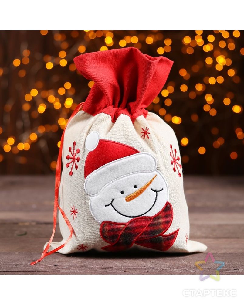 Мешок для подарков "Снеговичок и снежинки" на завязках, 29 х 22 см арт. СМЛ-84928-1-СМЛ0003303234 1