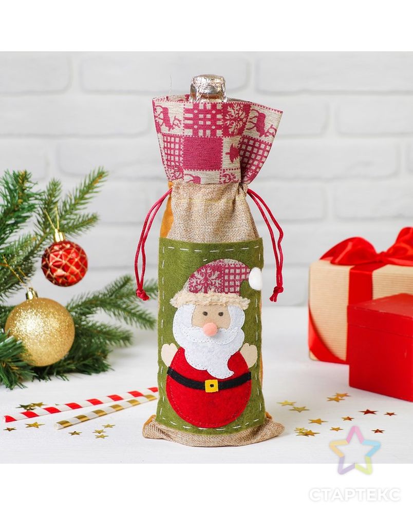 Одежда на бутылку «Дед Мороз», шапочка с рисунком, цвета МИКС арт. СМЛ-139001-1-СМЛ0003340218 1