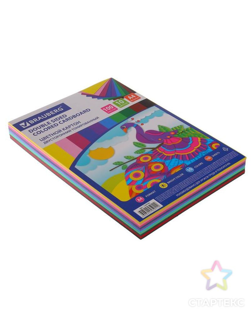 Картон цветной двухсторонний А4, 100 листов, 10 цветов, плотность 220 г/м2, BRAUBERG Kids series, тонированный арт. СМЛ-173911-1-СМЛ0003343959 10