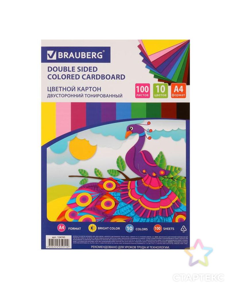 Картон цветной двухсторонний А4, 100 листов, 10 цветов, плотность 220 г/м2, BRAUBERG Kids series, тонированный арт. СМЛ-173911-1-СМЛ0003343959 3