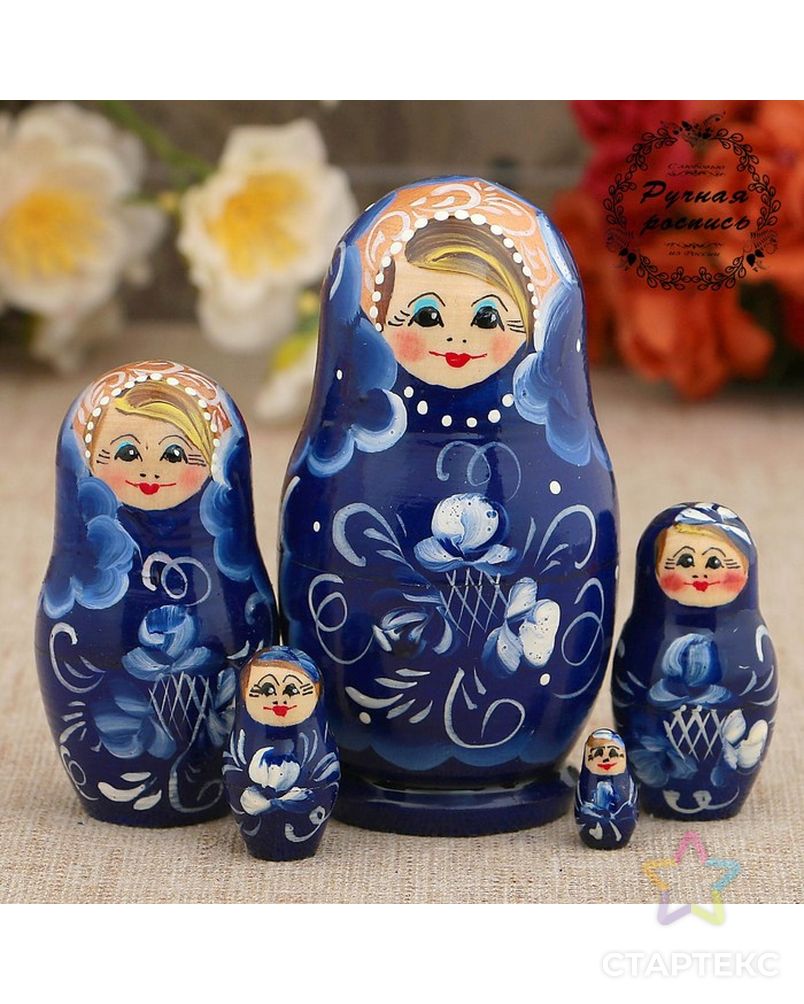 Матрёшка «Гжель», тёмно-синее платье, 5 кукольная, 10 см арт. СМЛ-54819-1-СМЛ0003371583 1