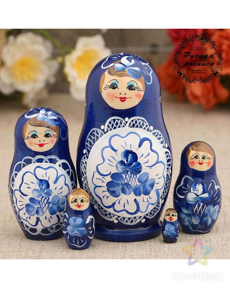 Матрёшка «Гжель», синее платье, 5 кукольная, 10 см арт. СМЛ-126498-1-СМЛ0003371586 1