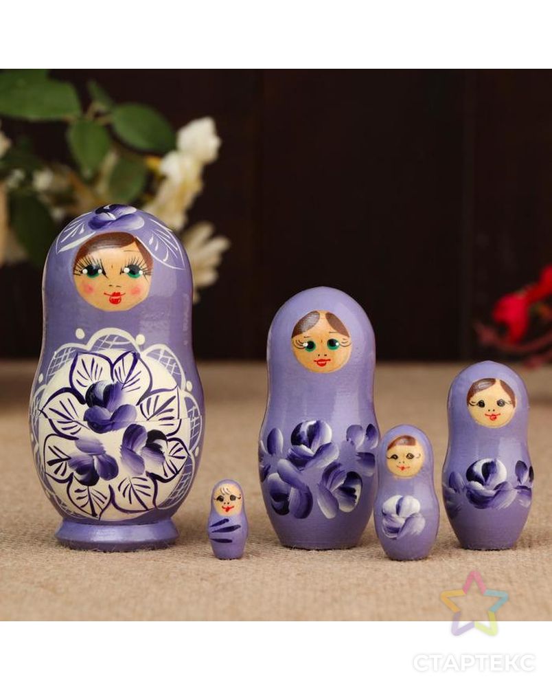 Матрёшка «Поднос с цветами», фиолетовое платье, 5 кукольная, 10 см арт. СМЛ-114103-1-СМЛ0003371588 1