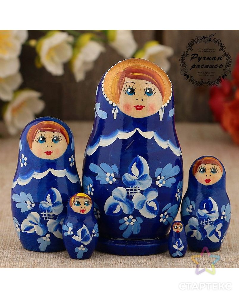 Матрёшка «Гжель», синее платье, 5 кукольная, 10 см арт. СМЛ-55613-1-СМЛ0003371602 1