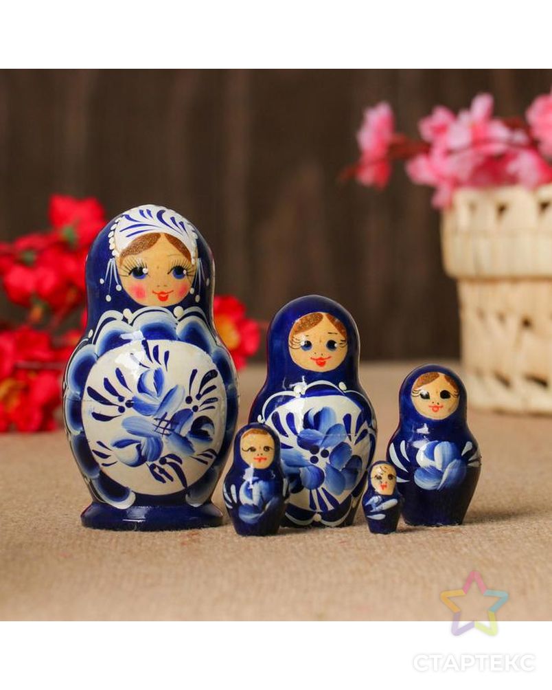 Матрёшка «Поднос гжель», синее платье, 5 кукольная, 10 см арт. СМЛ-174022-1-СМЛ0003371608 1