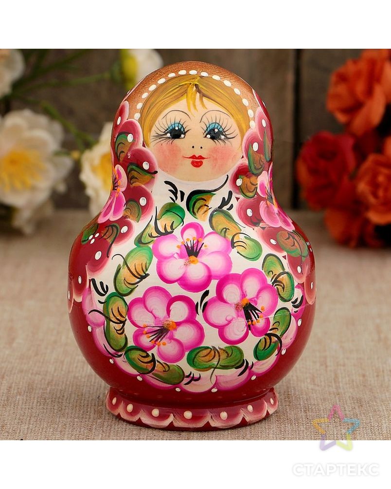 Матрёшка «Цветочки», розовое платье, 10 кукольная, 12 см арт. СМЛ-54824-1-СМЛ0003371620