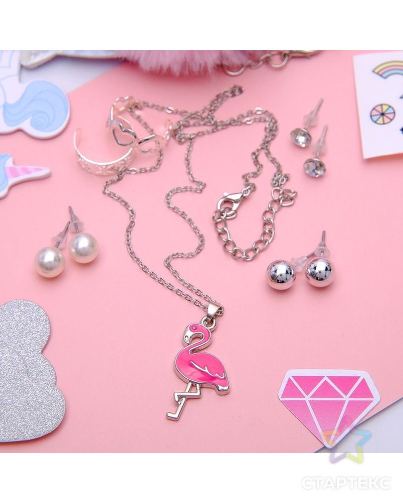 Гарнитур 6 предметов: 3 пары пуссет, кулон, 2 кольца "Фламинго", цвет розовый в серебре, 45 см арт. СМЛ-9888-1-СМЛ3385797 3