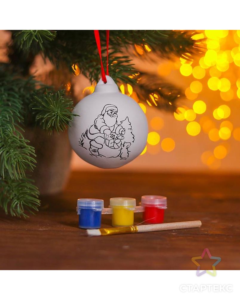 Новогодний шар под раскраску "Дед Мороз с подарками", d=5,5 см, с подвесом, краска 3 цвета по 2 мл, кисть арт. СМЛ-199841-1-СМЛ0003462447 2