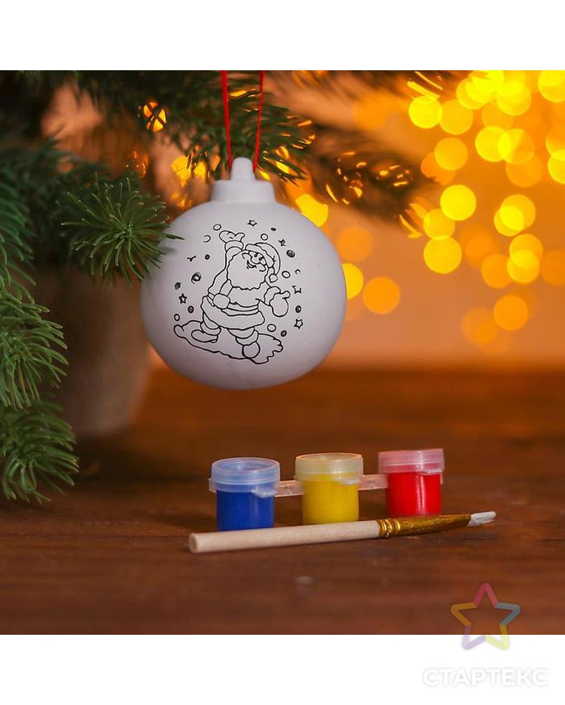 Новогодний шар под раскраску «Дедушка Мороз» с подвесом, краска 3 цв. по 2 мл, кисть арт. СМЛ-199842-1-СМЛ0003462449 2