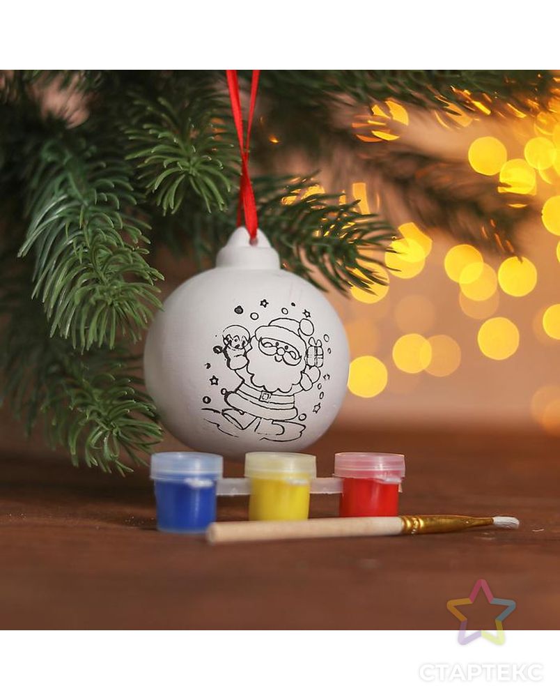 Новогодний шар под раскраску «Время подарков» с подвесом, краска 3 цв. по 2 мл, кисть арт. СМЛ-199844-1-СМЛ0003462453 2