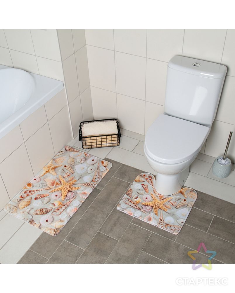 Набор ковриков для ванны и туалета «Ракушки», 2 шт: 40×45, 45×75 см арт. СМЛ-30259-1-СМЛ3538663