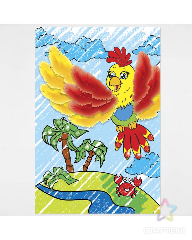 Аппликация перьями и стразами, раскраска "Попугай" арт. СМЛ-11541-1-СМЛ3550274 5