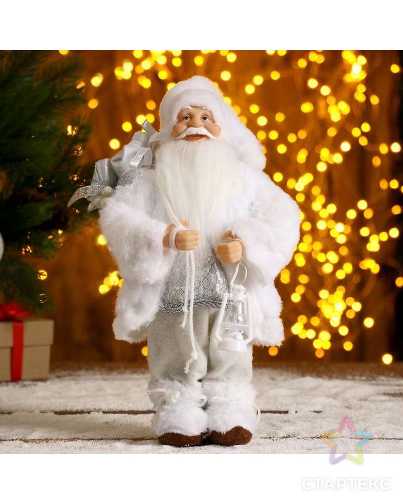 Дед Мороз в белой шубке с фонариком и подарками 30 см арт. СМЛ-57462-1-СМЛ0003555415 1
