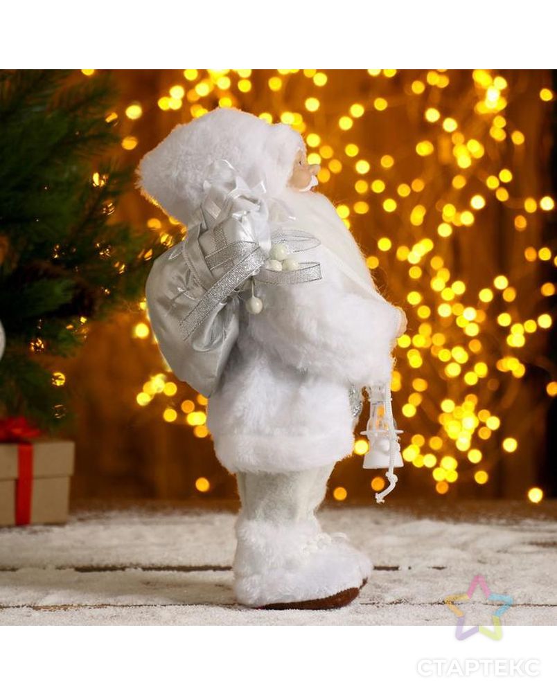 Дед Мороз в белой шубке с фонариком и подарками 30 см арт. СМЛ-57462-1-СМЛ0003555415 4