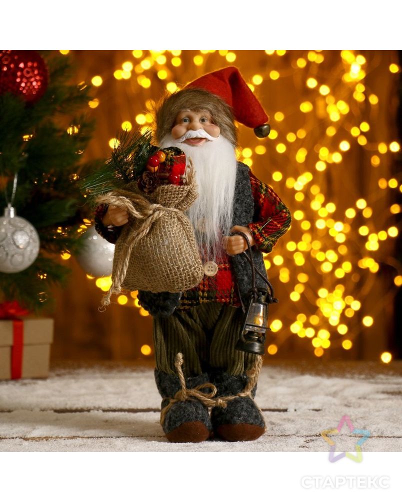 Дед Мороз в клетчатой шубке с фонариком и мешком 30 см арт. СМЛ-57463-1-СМЛ0003555416 1