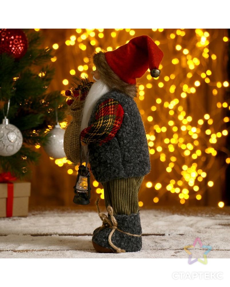 Дед Мороз в клетчатой шубке с фонариком и мешком 30 см арт. СМЛ-57463-1-СМЛ0003555416 4