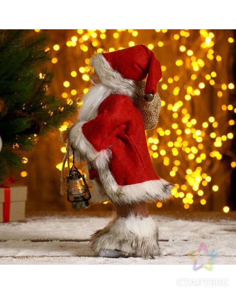 Дед Мороз в красной шубке с фонариком и мешочком 30 см арт. СМЛ-57466-1-СМЛ0003555419 4