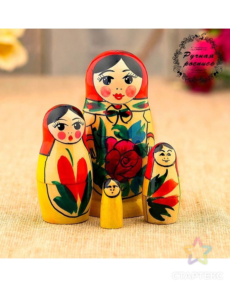 Матрёшка «Семёновская», красный платок, 4 кукольная, 9 см арт. СМЛ-120753-1-СМЛ0003565014 1