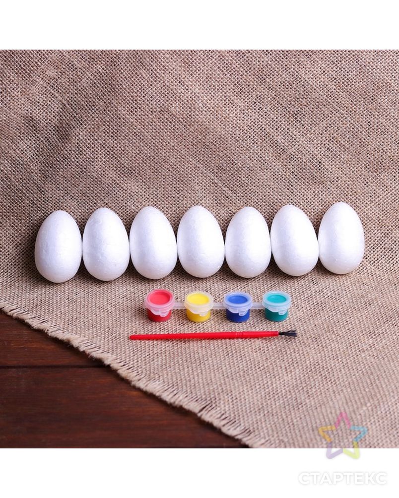 Набор яиц под раскраску 7 шт, размер 1 шт 4*6 см, краски 4 шт по 3 мл, кисть арт. СМЛ-27874-1-СМЛ3620981 1