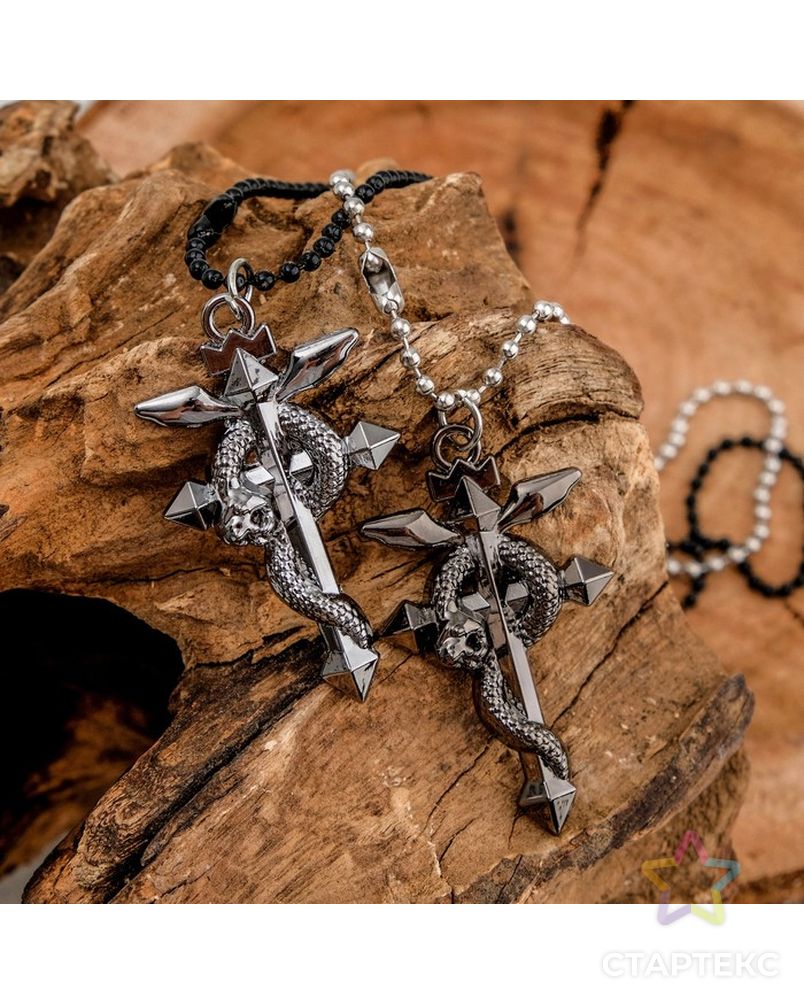 Кулон "Неразлучники" крест со змеёй, цвет серо-серебряный, 50 см арт. СМЛ-14083-1-СМЛ3714970 1