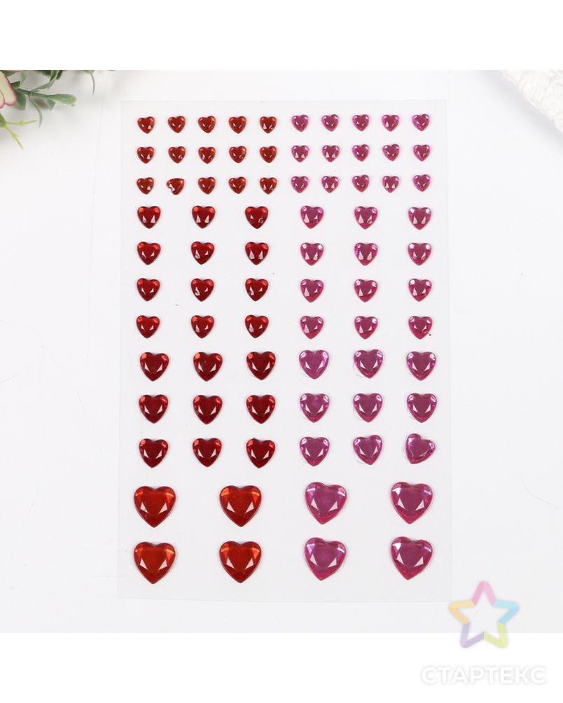 Стразы самоклеящиеся "Сердце", 6-15 мм, 80 шт., розовые/красные, на подложке арт. СМЛ-29618-1-СМЛ3734694 2