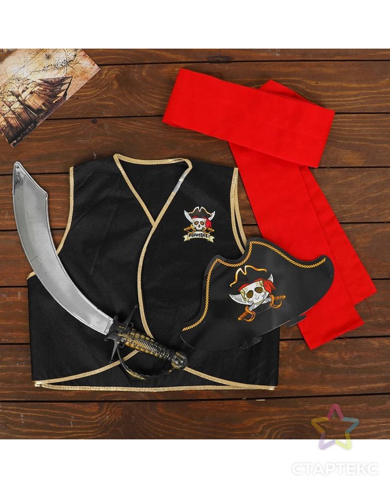 Карнавальный костюм "Полундра" жилетка, шляпа, пояс, меч арт. СМЛ-133249-1-СМЛ0003782768 1