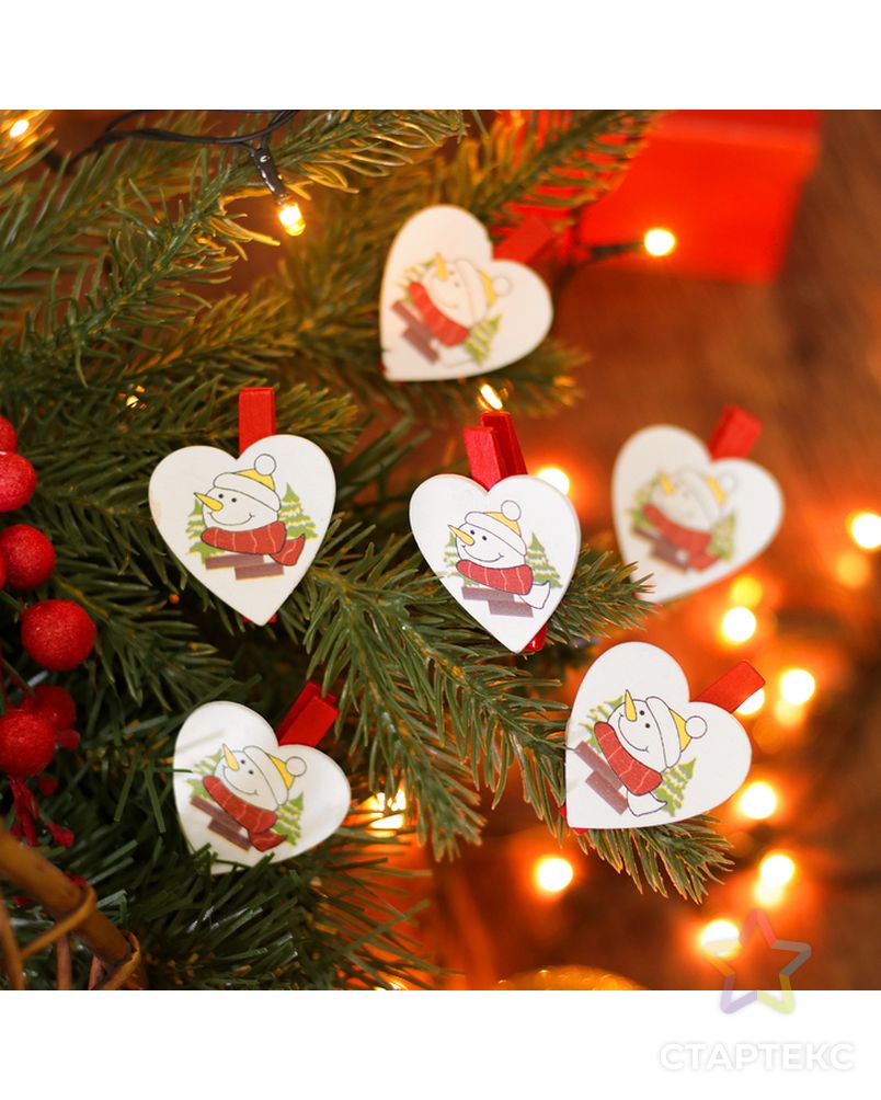 Набор новогоднего декора на прищепке, 6 шт. "Сердечки со снеговиками" арт. СМЛ-14658-1-СМЛ3826121 1