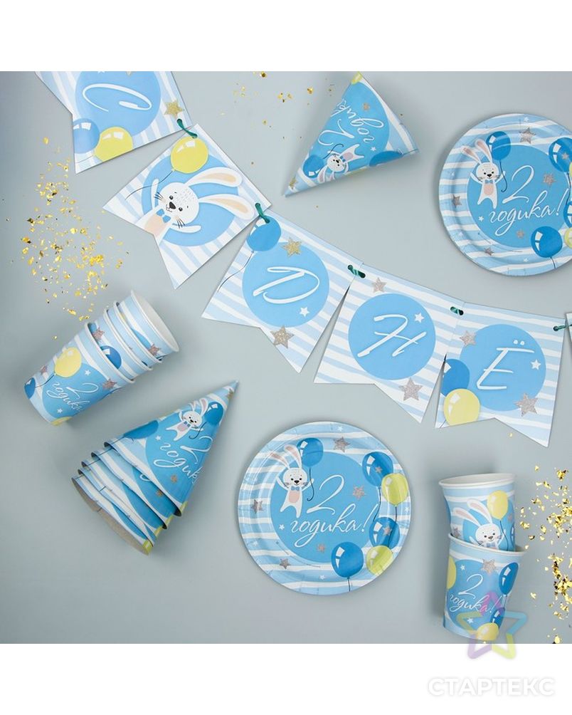 Набор бумажной посуды «С днём рождения. 2 годика», 6 тарелок, 6 стаканов, 6 колпаков, 1 гирлянда, цвет голубой арт. СМЛ-62858-1-СМЛ0003877345 1