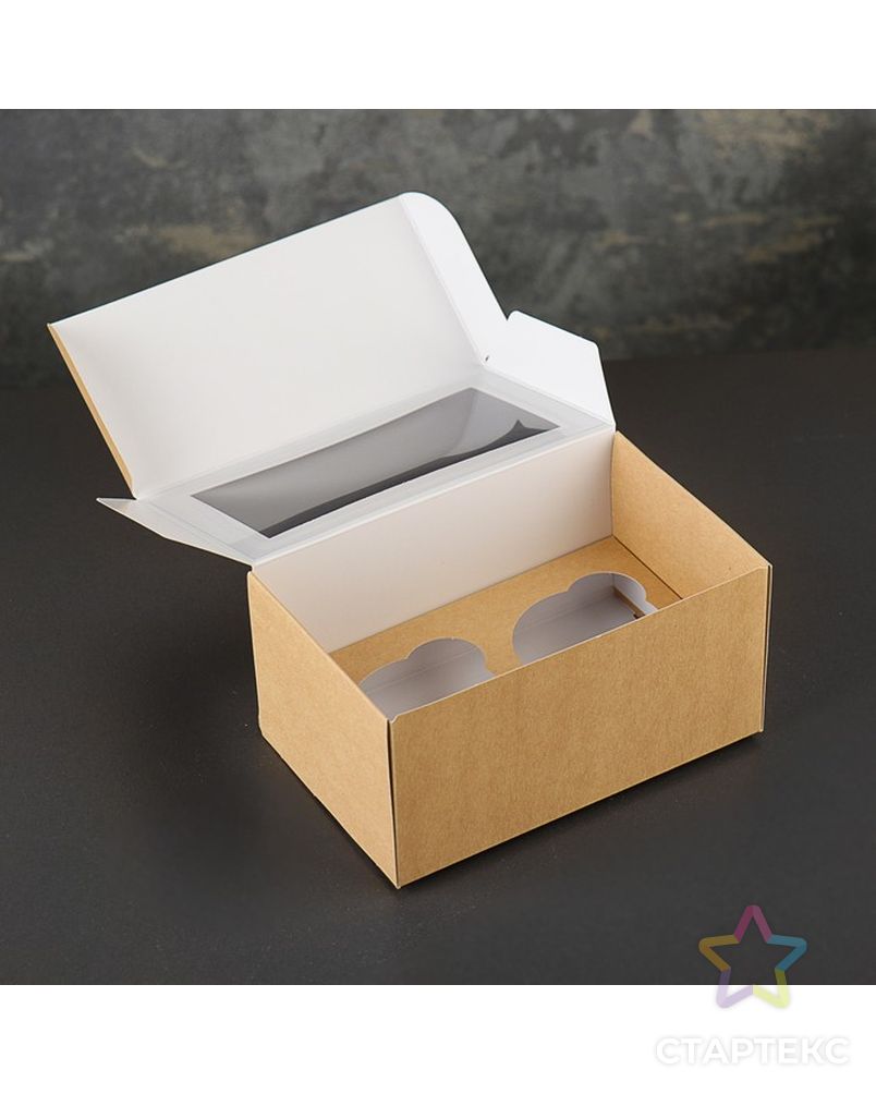 Коробка-моноблок картонная под 2 капкейка, с окном, крафт, 16 х 10 х 8 см арт. СМЛ-99300-1-СМЛ0003945040 2