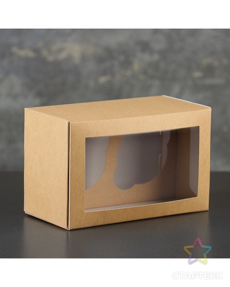 Коробка-моноблок картонная под 2 капкейка, с окном, крафт, 16 х 10 х 8 см арт. СМЛ-99300-1-СМЛ0003945040 3