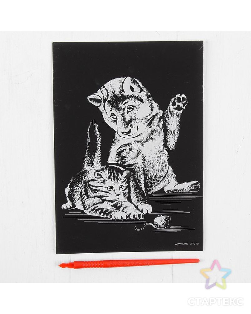 Гравюра «Котёнок и щенок» с металлическим эффектом серебра А5 арт. СМЛ-37601-1-СМЛ0003949409 2