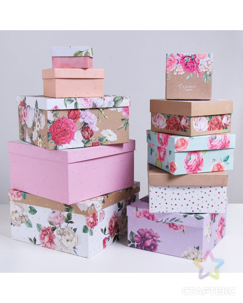 Набор подарочных коробок 10 в 1 «Цветы», 10.2 × 10.2 × 6–28.2 × 28.2 × 15 см арт. СМЛ-126882-1-СМЛ0004021356 1