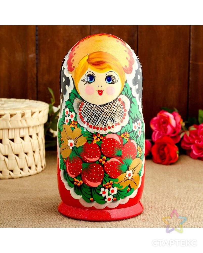 Матрёшка «Хохлома», красное  платье, 10 кукольная, 26 см арт. СМЛ-63501-1-СМЛ0004062771 3