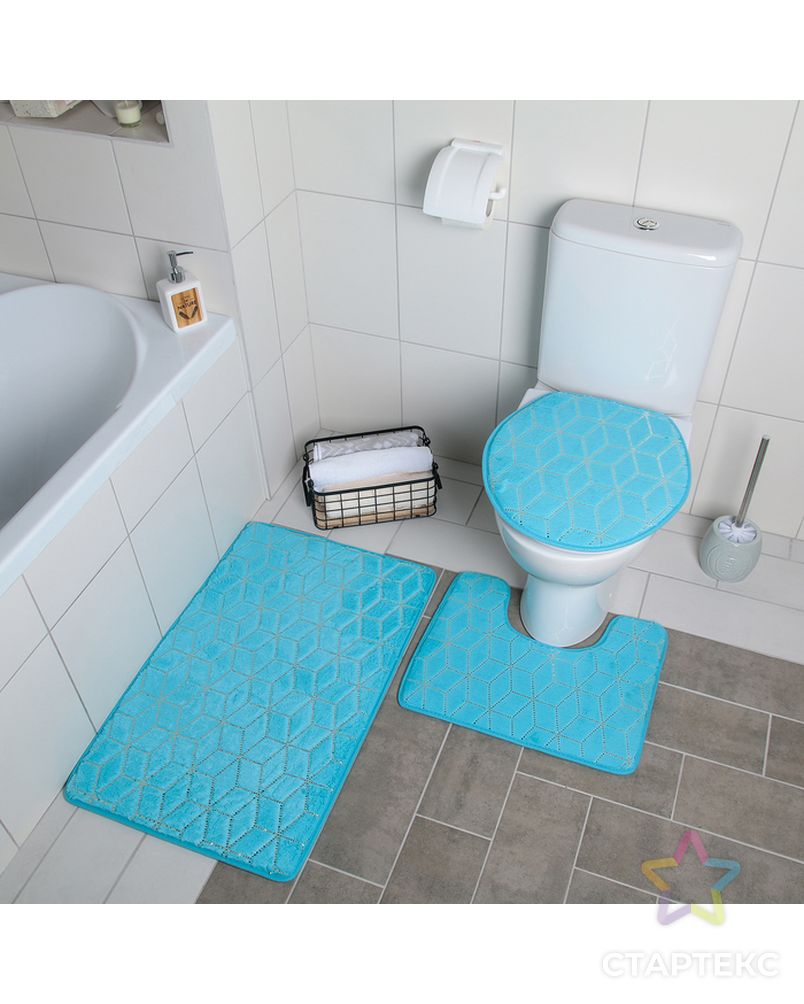 Набор ковриков для ванны и туалета 3 шт 35х40, 40х50, 50х80 см "Геометрик" цвет голубой арт. СМЛ-30396-1-СМЛ4063124