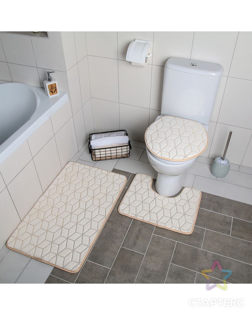 Набор ковриков для ванны и туалета 3 шт 35х40, 40х50, 50х80 см "Геометрик" цвет голубой арт. СМЛ-30396-3-СМЛ4063125 2