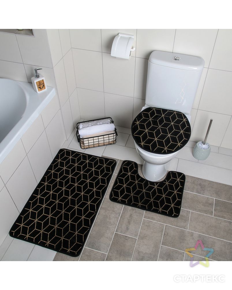 Набор ковриков для ванны и туалета 3 шт 35х40, 40х50, 50х80 см "Геометрик" цвет голубой арт. СМЛ-30396-2-СМЛ4063126
