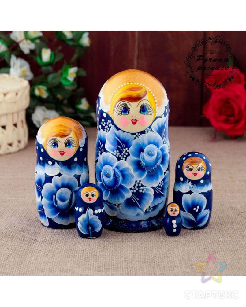 Матрёшка «Гжель», синее платье, 5 кукольная, 15 см арт. СМЛ-64494-1-СМЛ0004066844 1