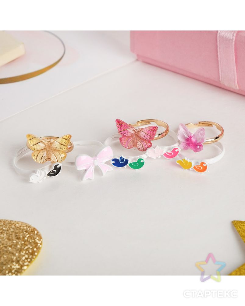 Кольцо детское "Ассорти" птички, бабочки, форма МИКС, цвет МИКС, безразмерное арт. СМЛ-27014-1-СМЛ4126819 1