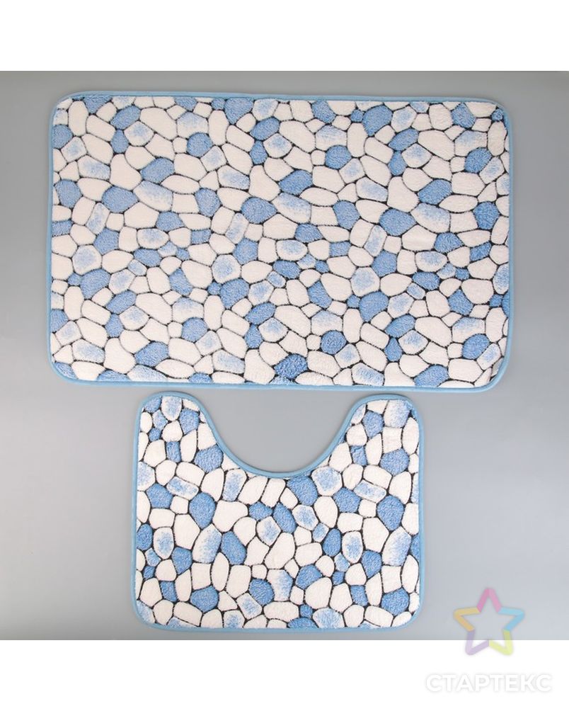 Набор ковриков для ванны и туалета «Галька», 2 шт: 40×50, 50×80 см, цвет синий арт. СМЛ-30326-1-СМЛ4138475 1